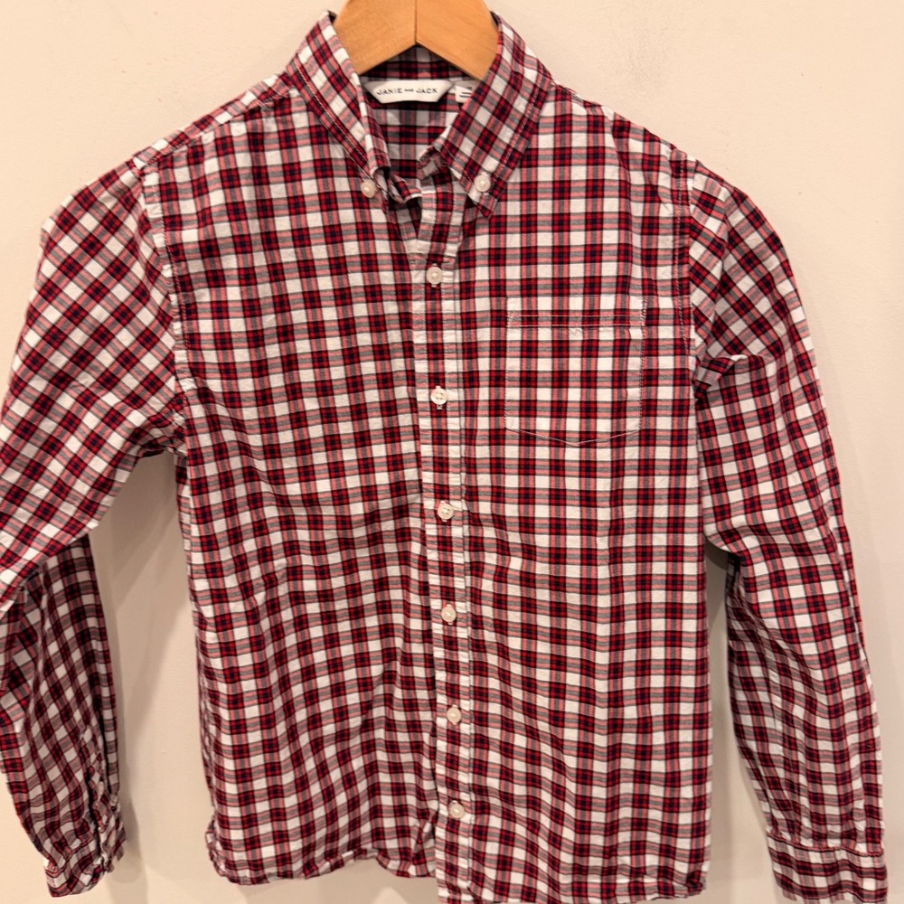 Janie and Jack Boys 12 Red Navy Plaid Button Down Shirt Holiday Cotton